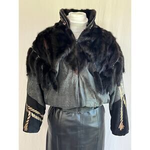 Vintage Leather bomber jacket w/mink funky artsy Char and Sher southwest 80s